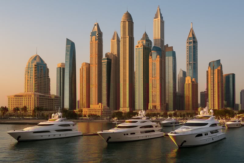 Dubai skyline with luxury hotels and yachts