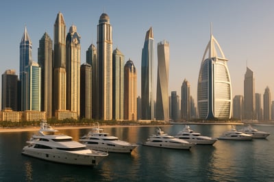 Luxury Dubai skyline with yachts and premium hotels