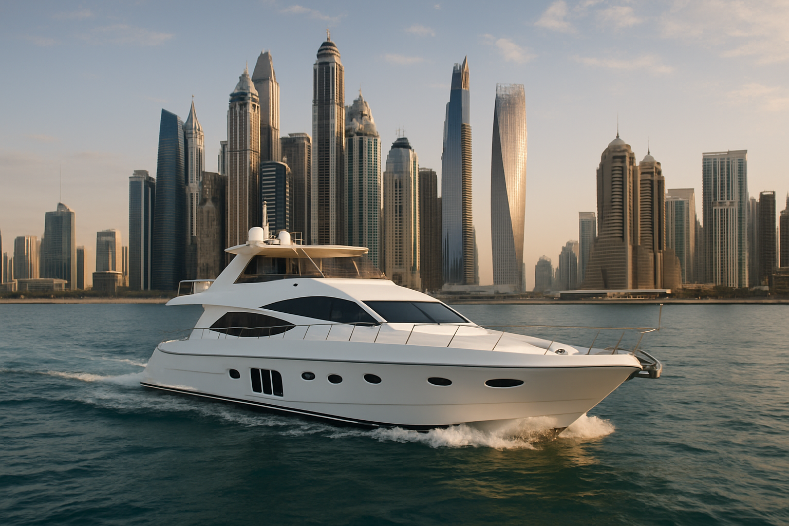 Private yacht sailing along the Dubai Marina skyline
