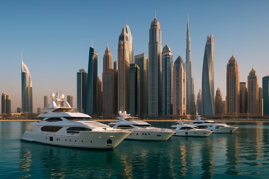 Skyline of Dubai with luxury yachts and iconic skyscrapers