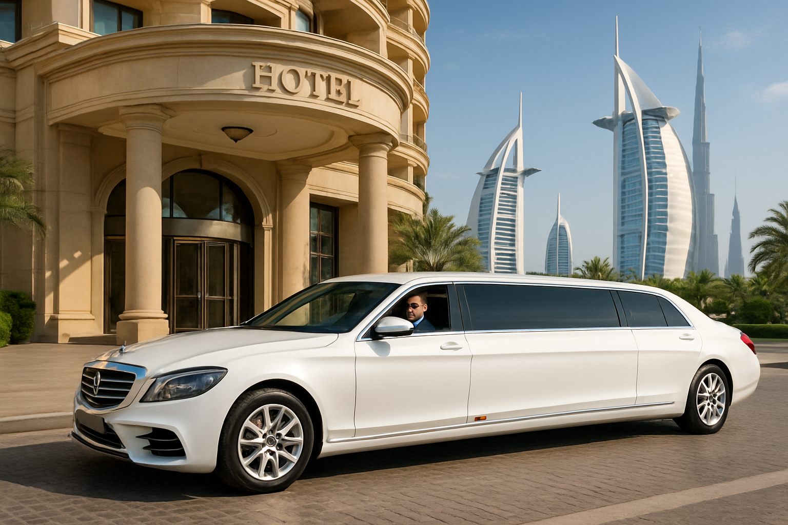 Chauffeured luxury limousine in front of a Dubai hotel